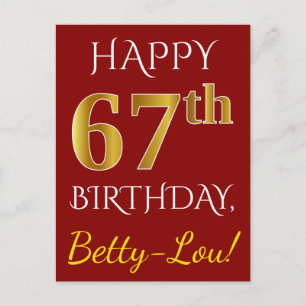 Postal Red, Faux Gold 67th Birthday + Nombre personalizad