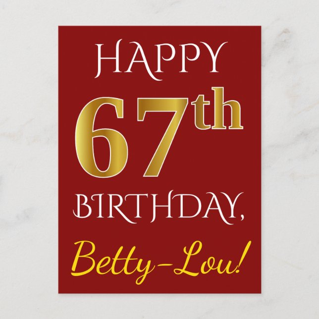 Postal Red, Faux Gold 67th Birthday + Nombre personalizad (Anverso)