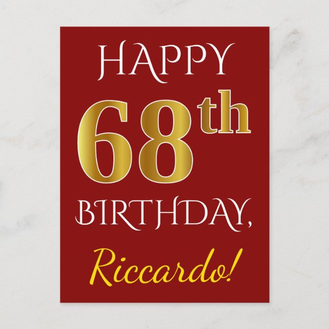 Postal Red, Faux Gold 68th Birthday + Nombre personalizad (Anverso)