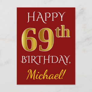 Postal Red, Faux Gold 69th Birthday + Nombre personalizad