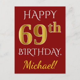 Postal Red, Faux Gold 69th Birthday + Nombre personalizad
