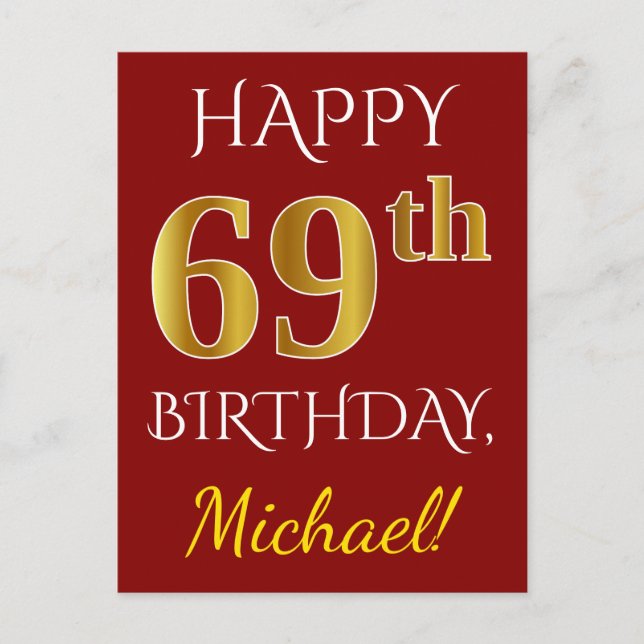 Postal Red, Faux Gold 69th Birthday + Nombre personalizad (Anverso)