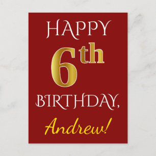 Postal Red, Faux Gold 6Cumpleaños + Custom Name Postcard
