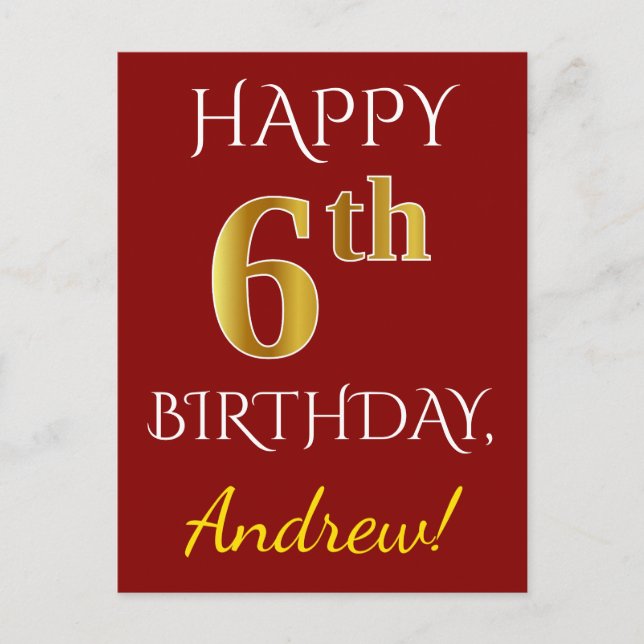 Postal Red, Faux Gold 6Cumpleaños + Custom Name Postcard (Anverso)