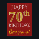 Postal Red, Faux Gold 70th Birthday   Nombre personalizad<br><div class="desc">Este sencillo y personalizado diseño de postal de cumpleaños incluye el mensaje "FELIZ CUMPLEAÑOS 70", con el "70" con un falso aspecto dorado. En la parte delantera también hay un nombre personalizado y un fondo rojo. En la parte posterior aparece un mensaje de bienvenida de cumpleaños personalizado, junto con la...</div>