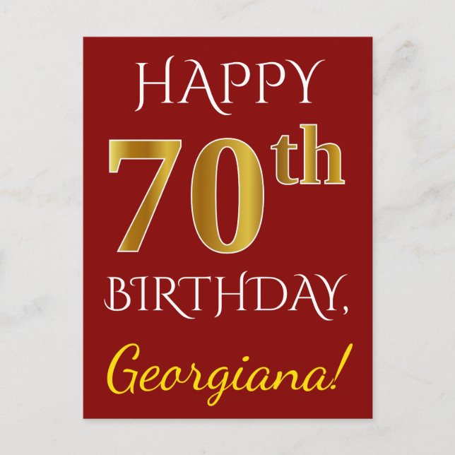 Postal Red, Faux Gold 70th Birthday + Nombre personalizad (Anverso)