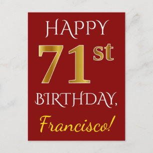 Postal Red, Faux Gold 71st Birthday + Nombre personalizad