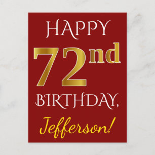 Postal Red, Faux Gold 72nd Birthday + Nombre personalizad
