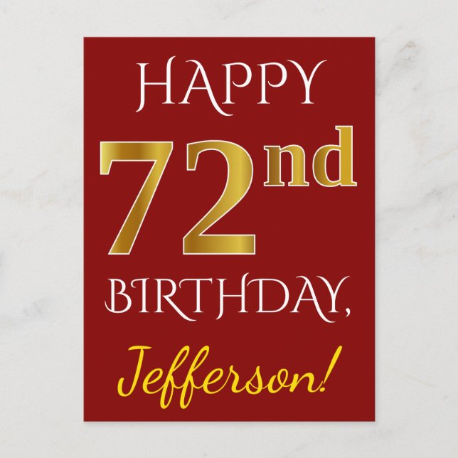Postal Red, Faux Gold 72nd Birthday + Nombre personalizad (Anverso)