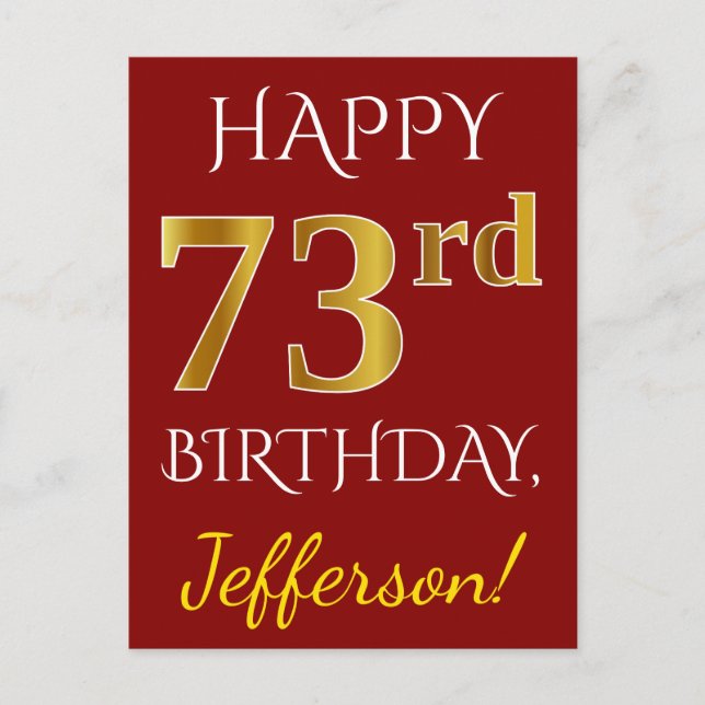 Postal Red, Faux Gold 73rd Birthday + Custom Name (Anverso)
