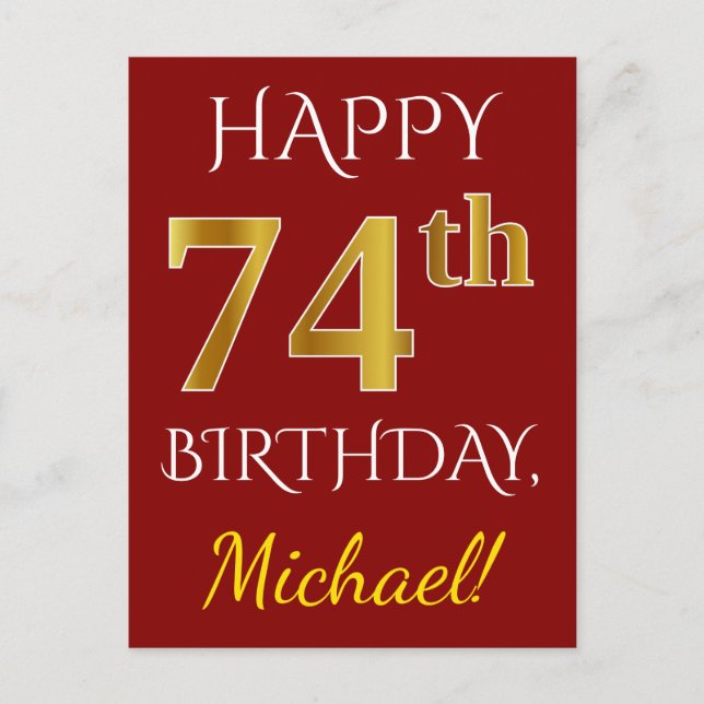 Postal Red, Faux Gold 74th Birthday + Nombre personalizad (Anverso)