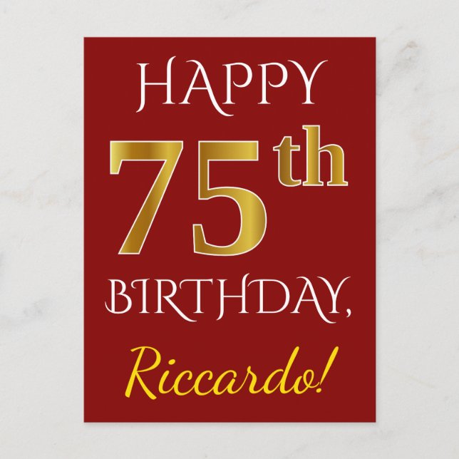 Postal Red, Faux Gold 75th Birthday + Nombre personalizad (Anverso)