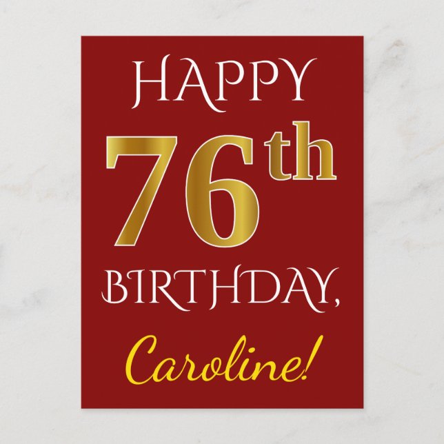 Postal Red, Faux Gold 76th Birthday + Custom Name (Anverso)