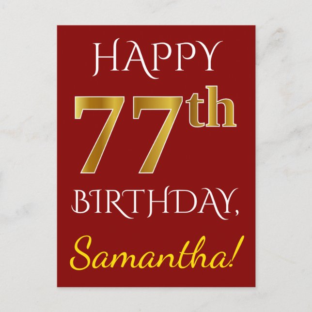 Postal Red, Faux Gold 77th Birthday + Custom Name (Anverso)