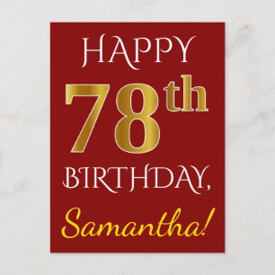 Postal Red, Faux Gold 78th Birthday + Custom Name