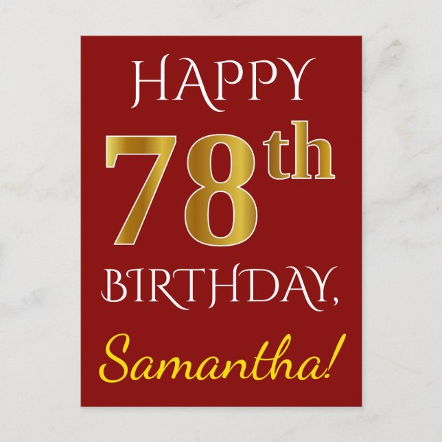 Postal Red, Faux Gold 78th Birthday + Custom Name (Anverso)