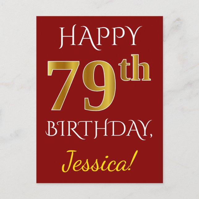 Postal Red, Faux Gold 79th Birthday + Custom Name (Anverso)