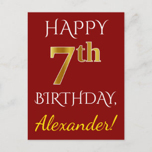 Postal Red, Faux Gold 7Cumpleaños + Custom Name Postcard