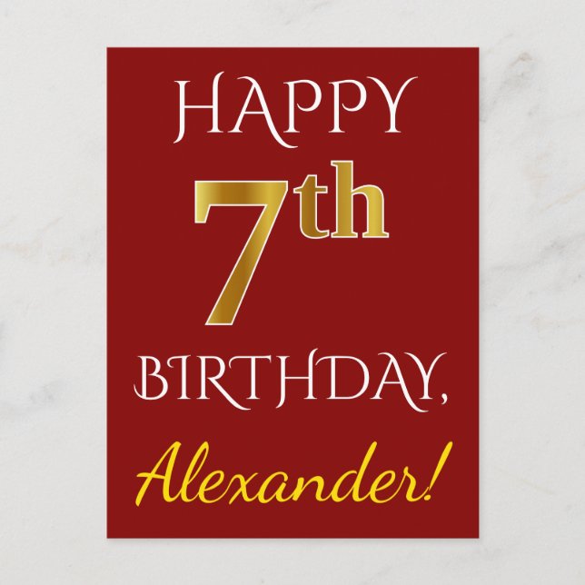 Postal Red, Faux Gold 7Cumpleaños + Custom Name Postcard (Anverso)