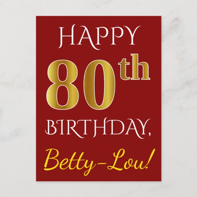 Postal Red, Faux Gold 80th Birthday + Nombre personalizad (Anverso)