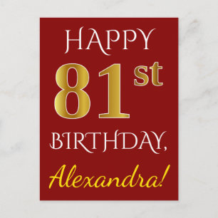 Postal Red, Faux Gold 81st Birthday + Nombre personalizad