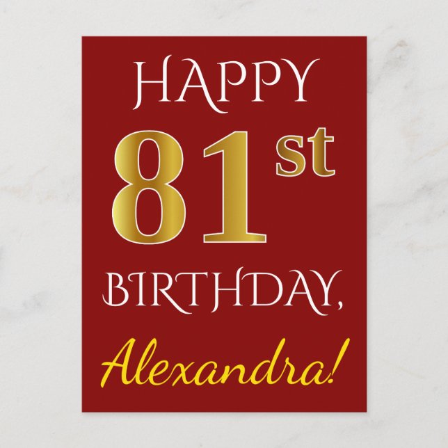 Postal Red, Faux Gold 81st Birthday + Nombre personalizad (Anverso)