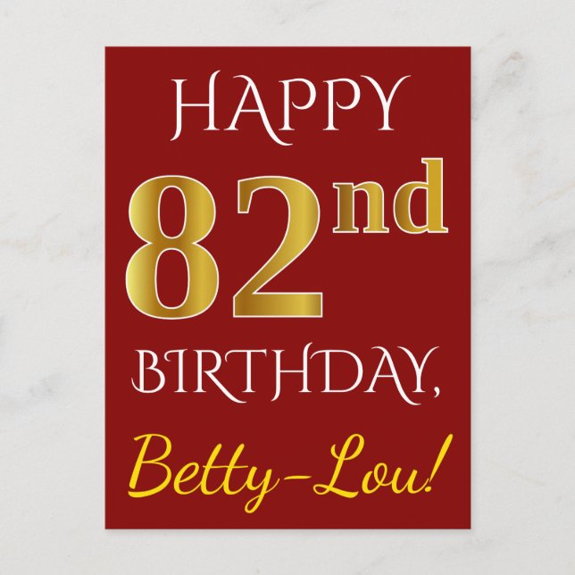 Postal Red, Faux Gold 82nd Birthday + Nombre personalizad (Anverso)
