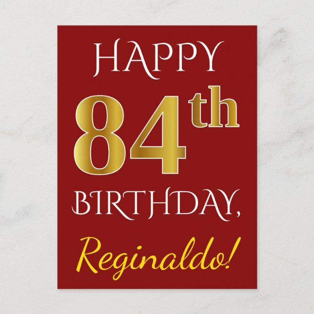 Postal Red, Faux Gold 84th Birthday + Nombre personalizad (Anverso)