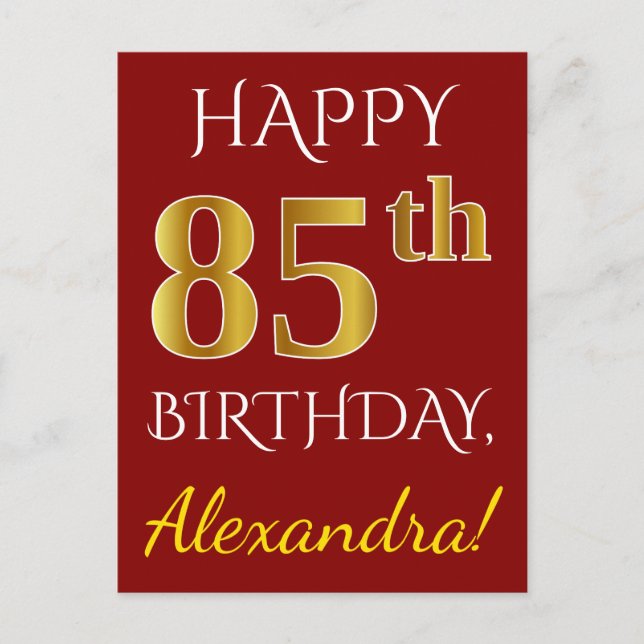 Postal Red, Faux Gold 85th Birthday + Nombre personalizad (Anverso)