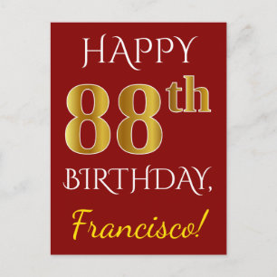 Postal Red, Faux Gold 88th Birthday + Nombre personalizad