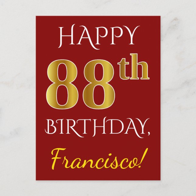 Postal Red, Faux Gold 88th Birthday + Nombre personalizad (Anverso)