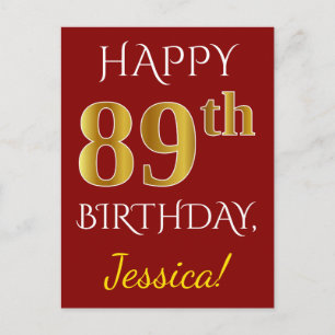Postal Red, Faux Gold 89th Birthday + Nombre personalizad