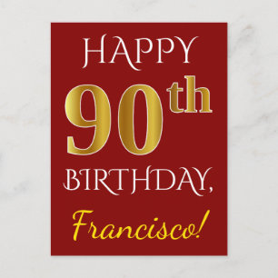Postal Red, Faux Gold 90th Birthday + Nombre personalizad