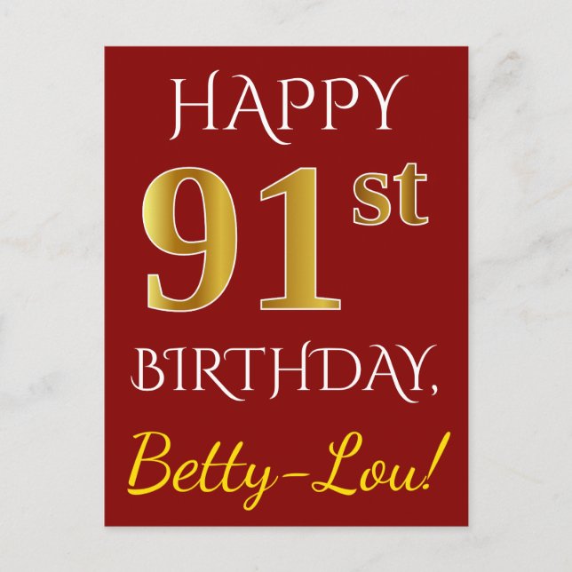 Postal Red, Faux Gold 91st Birthday + Nombre personalizad (Anverso)