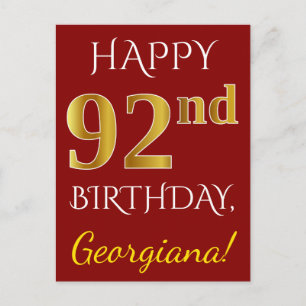Postal Red, Faux Gold 92nd Birthday + Nombre personalizad