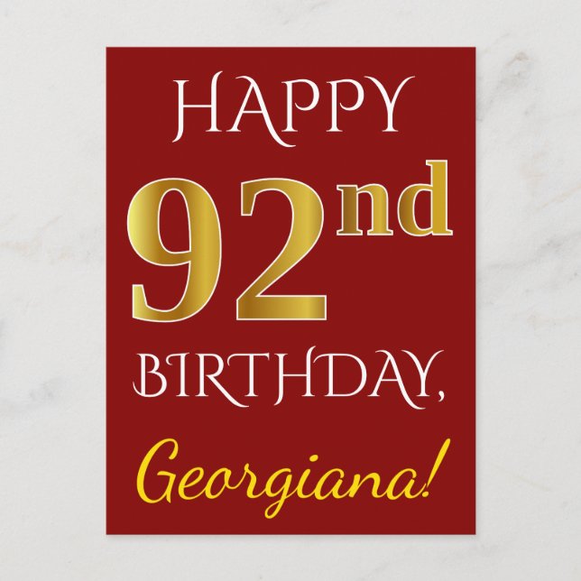 Postal Red, Faux Gold 92nd Birthday + Nombre personalizad (Anverso)