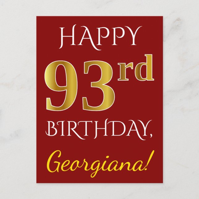 Postal Red, Faux Gold 93rd Birthday + Custom Name (Anverso)