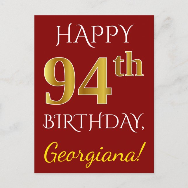 Postal Red, Faux Gold 94th Birthday + Nombre personalizad (Anverso)