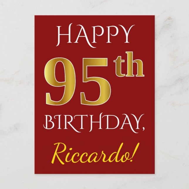 Postal Red, Faux Gold 95th Birthday + Nombre personalizad (Anverso)