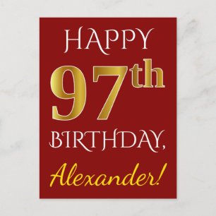 Postal Red, Faux Gold 97th Birthday + Custom Name