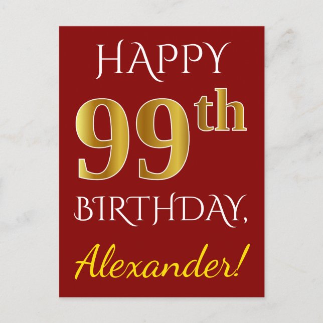 Postal Red, Faux Gold 99th Birthday + Nombre personalizad (Anverso)