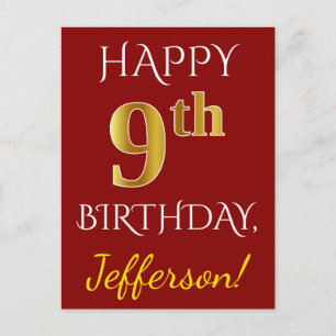 Postal Red, Faux Gold 9Cumpleaños + Nombre Personalizado 