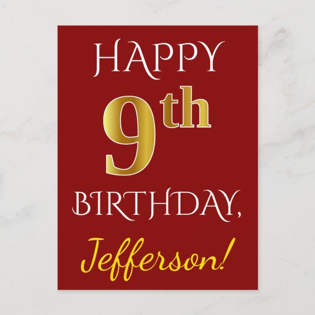 Postal Red, Faux Gold 9Cumpleaños + Nombre Personalizado  (Anverso)