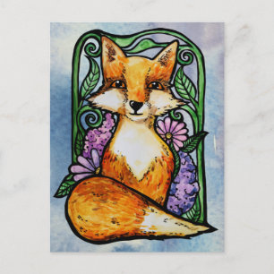 Postal Red Fox Floral Nature Art