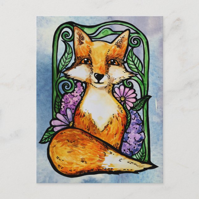 Postal Red Fox Floral Nature Art (Anverso)