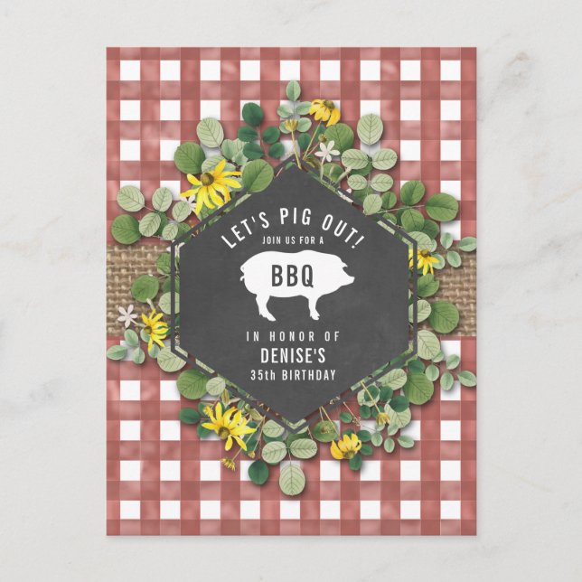 Postal Red Gingham Pig Burlap Floral Birthday Bbq (Anverso)
