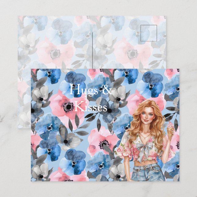 Postal Red Hair Girl Ice Cream Blue Floral Hugs Kisses (Anverso / Reverso)