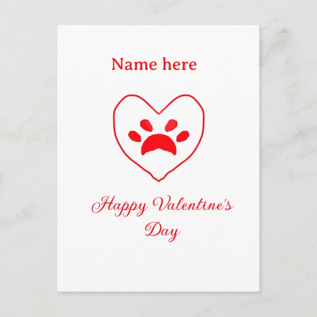 Postal Red heart dog cat paw happy Valentine's day name  (Anverso)