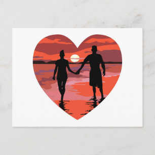 Postal Red Heart Sunset Beach con las manos