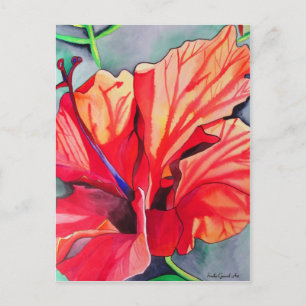 Postal Red Hibiscus, arte de acuarela de flores tropicale
